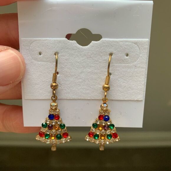 VTG Christmas Tree Earrings Dangly Earrings Sparkly Multi Color Gem Stones S - Picture 3 of 8